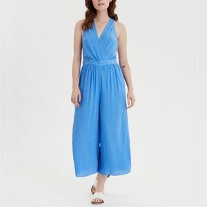 American Eagle Blue Surplice Wide-Leg Jumpsuit, Size L